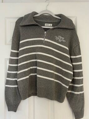 Hollister Gray & White Striped Half-Zip Sweater